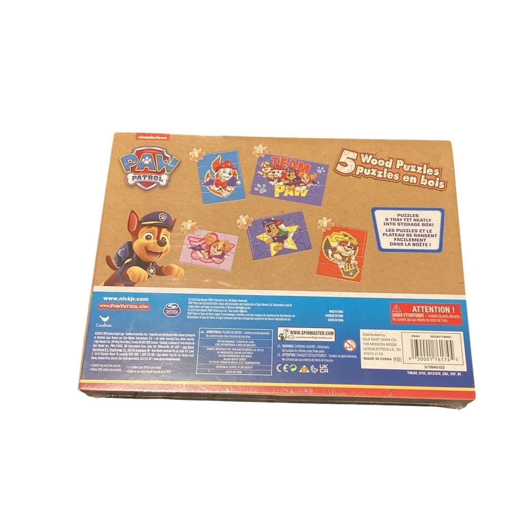 Paw Patrol 5 Wood Puzzles in Wooden Storage Box Cardinal‎ Games Nickelodeon New