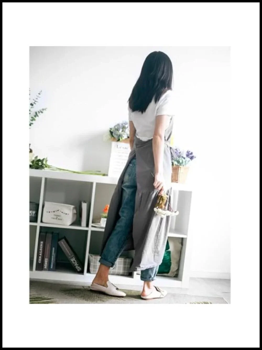 Fishtail Cotton Linen Kitchen Apron Adjustable Belt Long Slim Apron