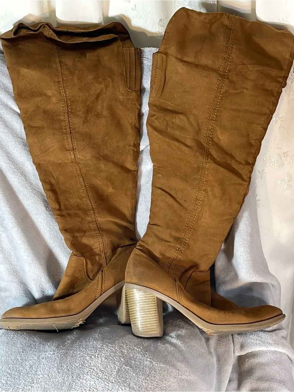 Suede Tan Over-Knee Boots - Classic Block Heel