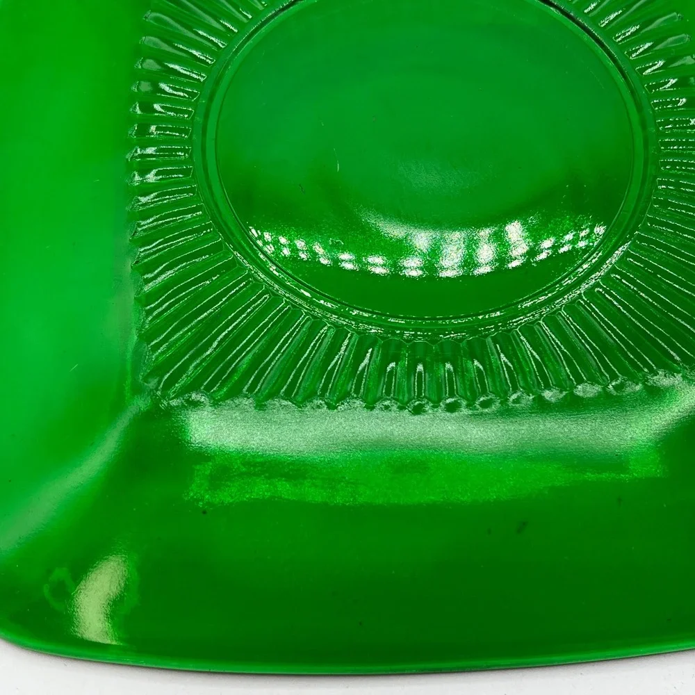 Vintage Emerald Green Square‎ Glass Dessert Plates Sunburst Pattern Set of 2 6in