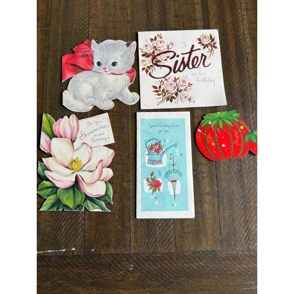 5 VTG Birthday Cards Signed 1950's Tomatoe Kitten‎ Magnolia Rise Hallmark Mica