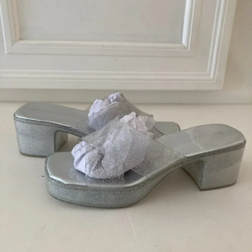Jeffrey Campbell Silver Glitter Platform Slide Sandals