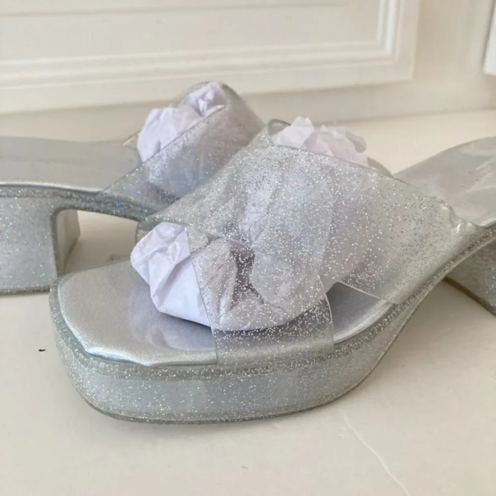 Jeffrey Campbell Silver Glitter Platform Slide Sandals