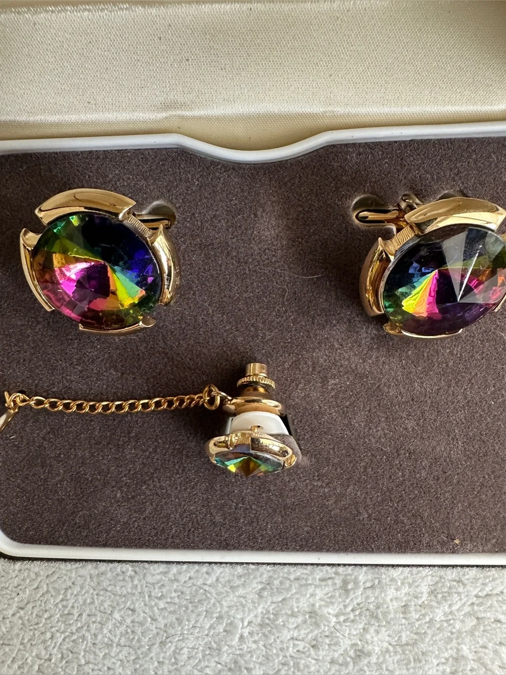 Vintage Swank Gold Tone iridescent watermelon Rivoli crystals Cufflink/TieTack‎