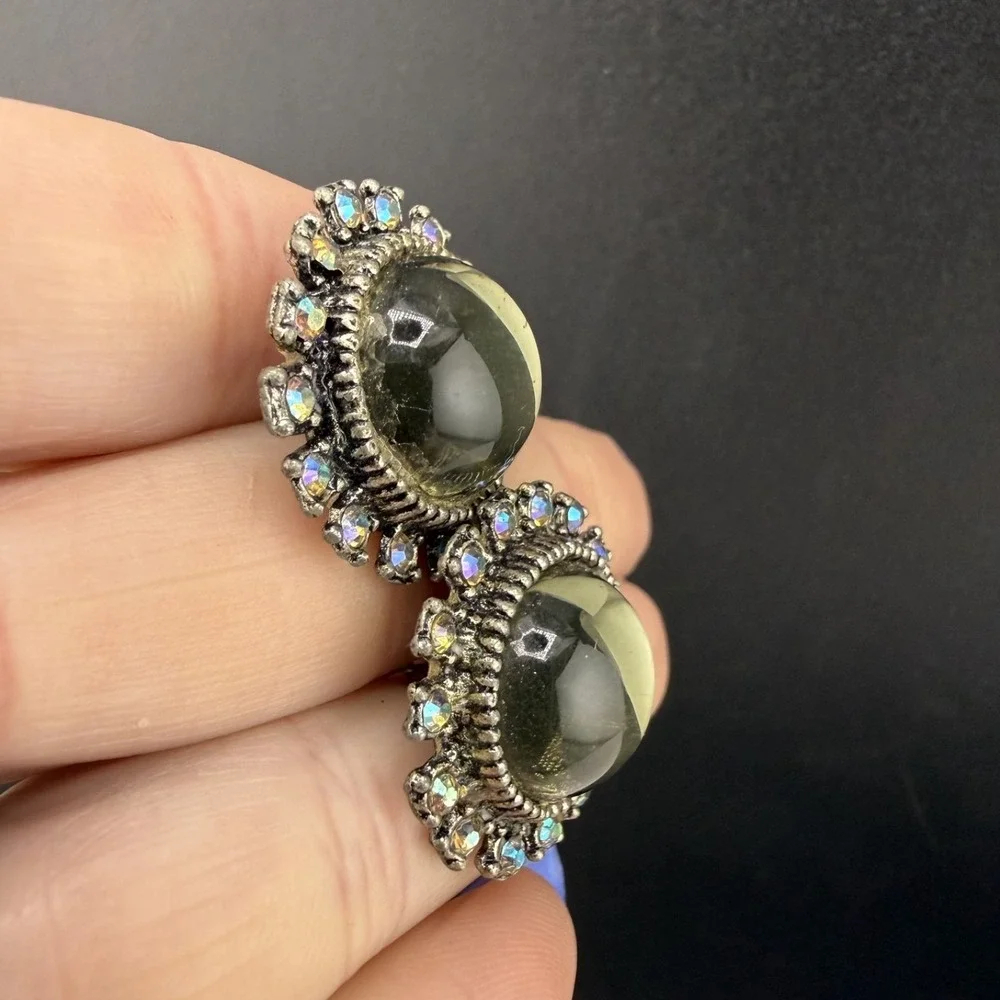 Vintage Glass  Cufflinks‎ Silver Tone Rhinestone AB