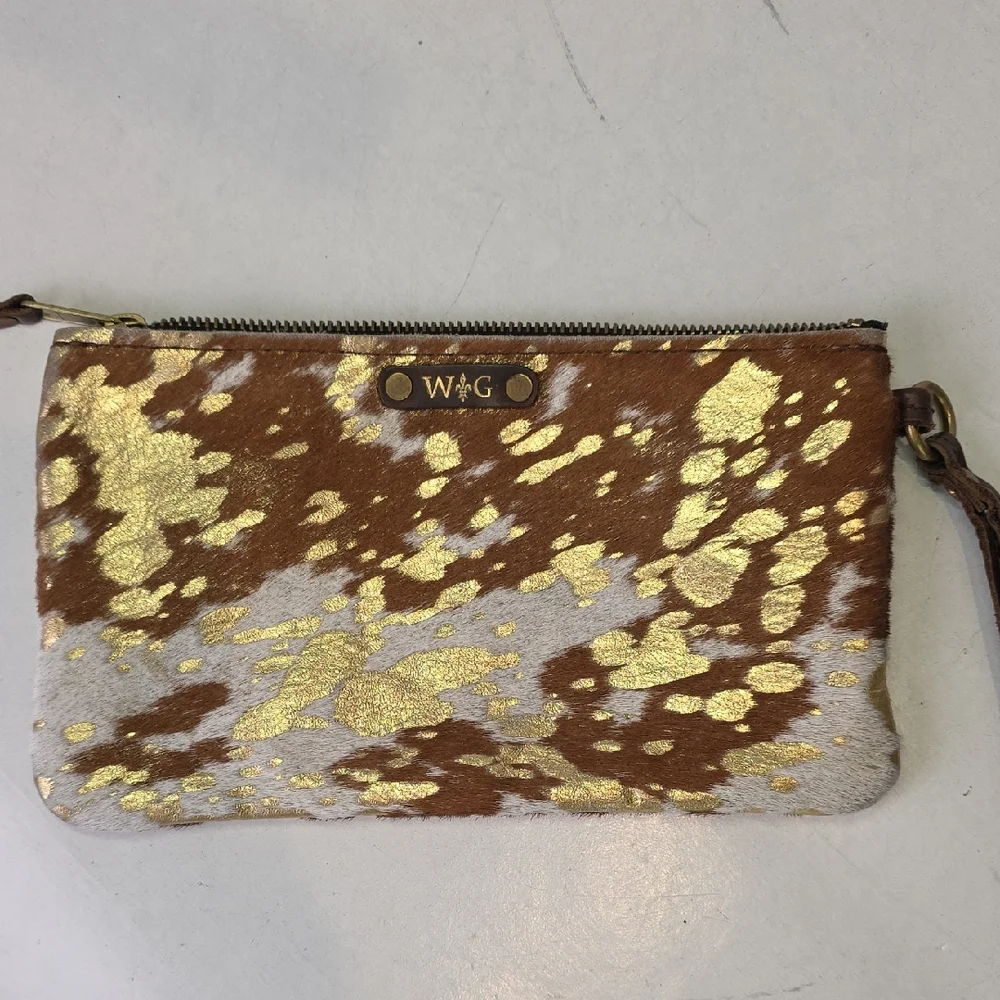 Wild Goose WG Gold and Brown Leather‎ Cowhide Hair Wristlet Clutch