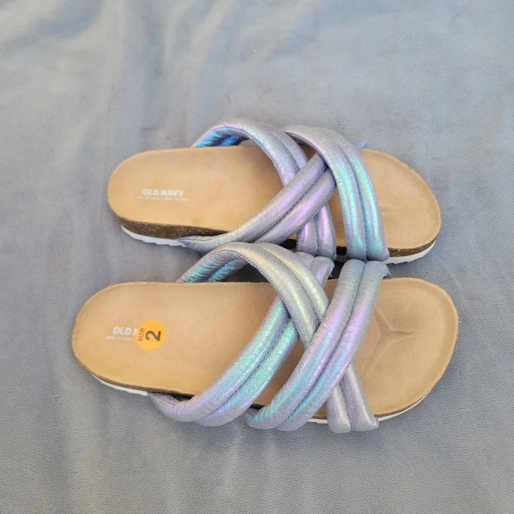 Old Navy Girls Iridescent Puffy Strap Slide Sandals Purple Blue Metallic Size‎ 2
