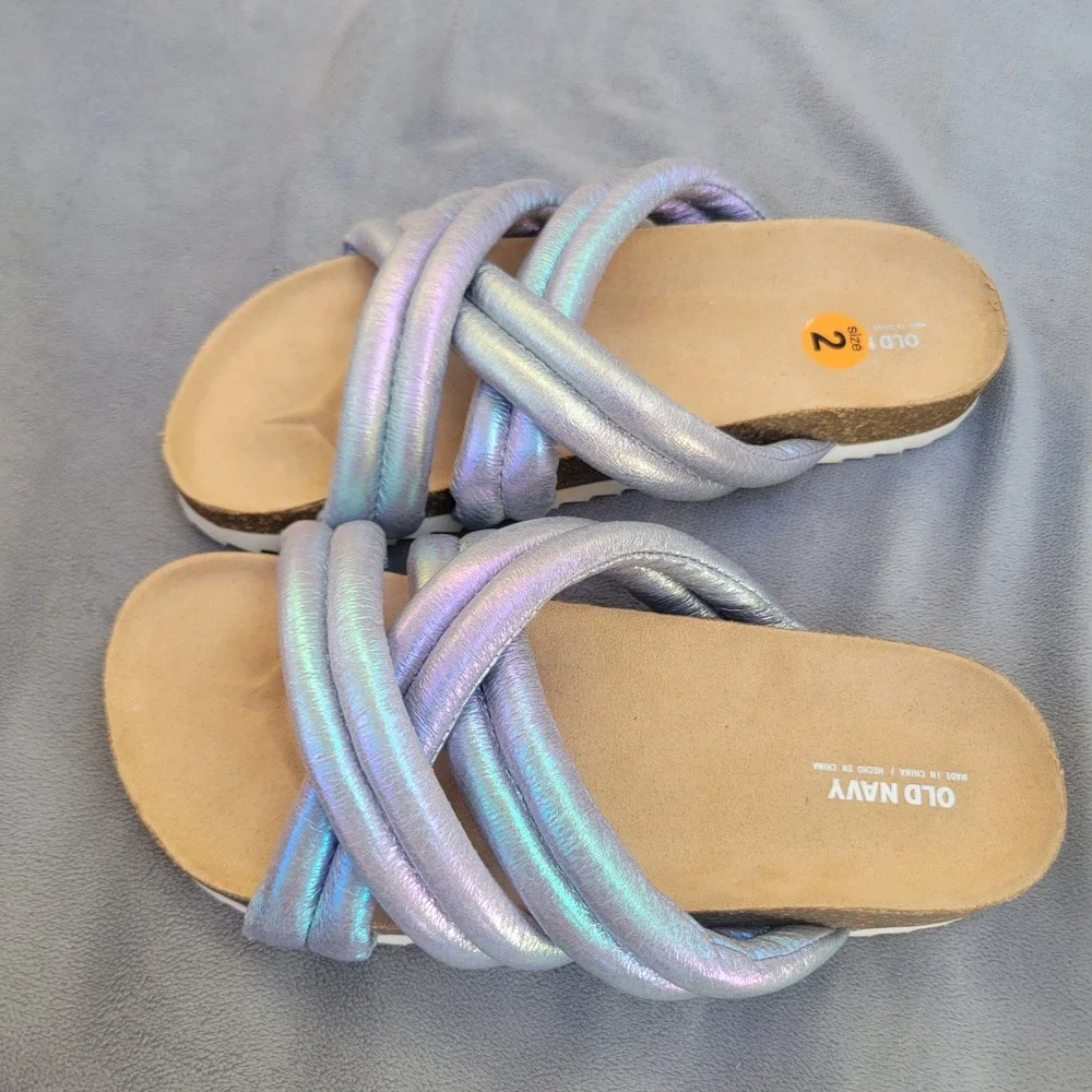 Old Navy Girls Iridescent Puffy Strap Slide Sandals Purple Blue Metallic Size‎ 2