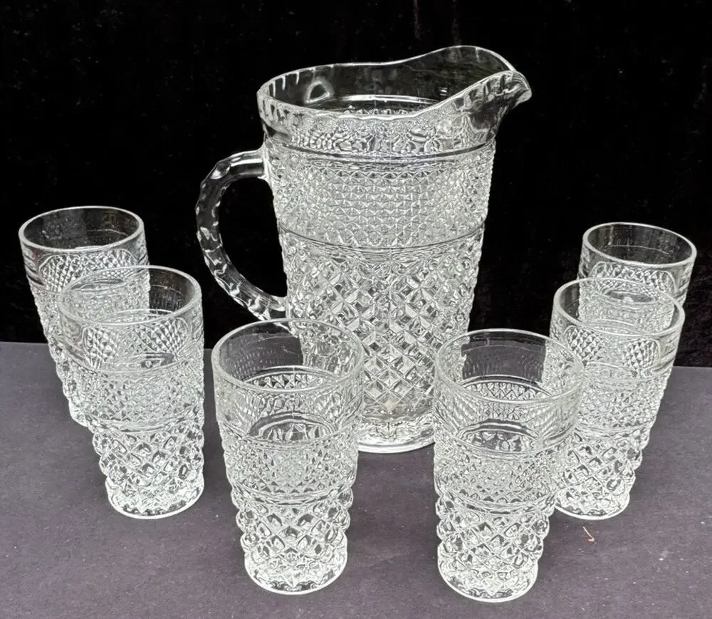 Anchor Hocking Wexford Diamond Cut Glass Vintage Pitcher & 6 Glasses EUC -8/28