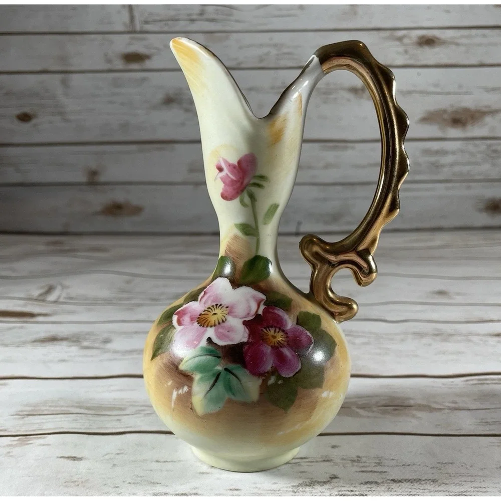 Vintage Enesco Hand Painted Porcelain Vase Gold Trim & Floral Design Collectible