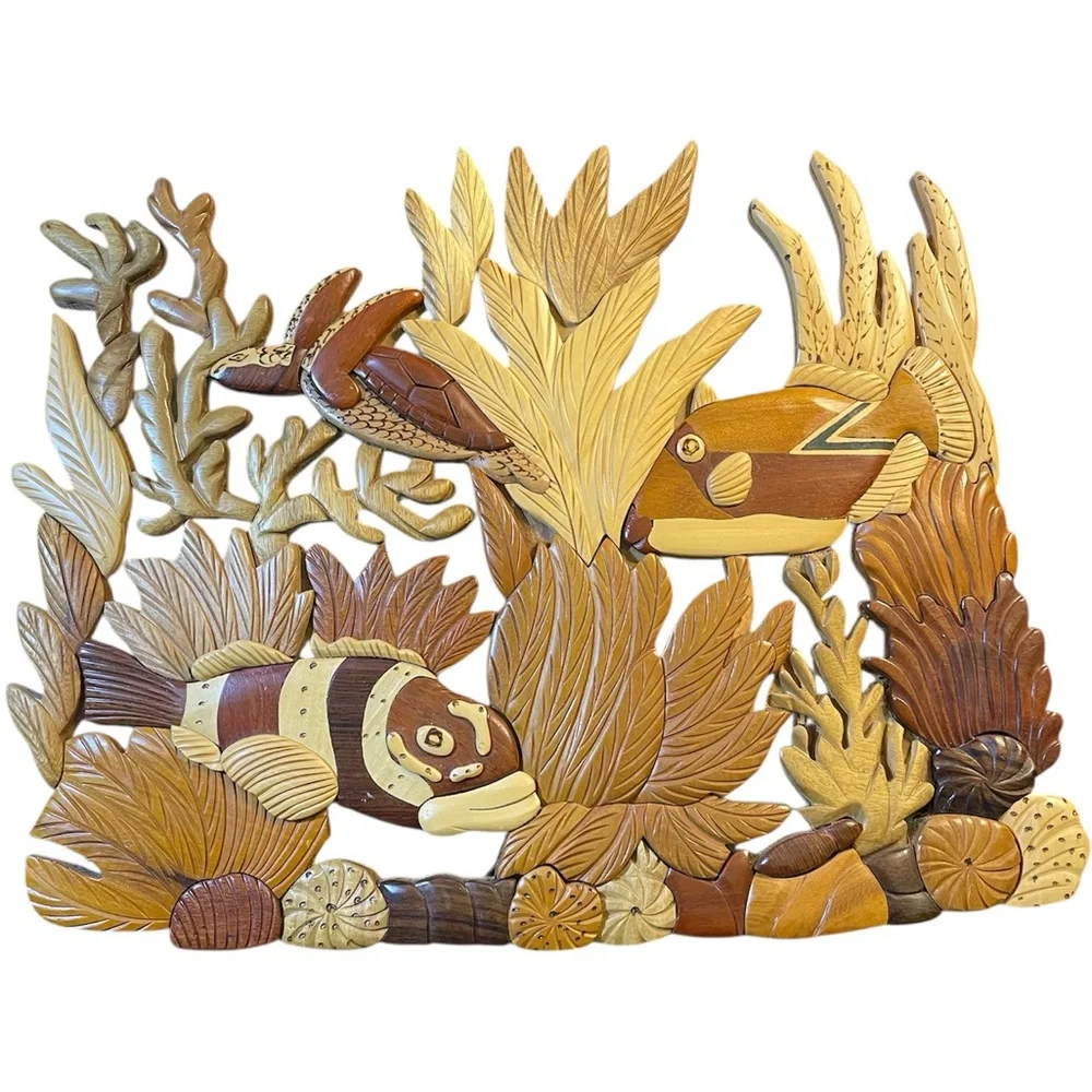 Vintage Fish Wood Carving Leaves Coral Art, Wall Decoration 100% Wood Handcrafte