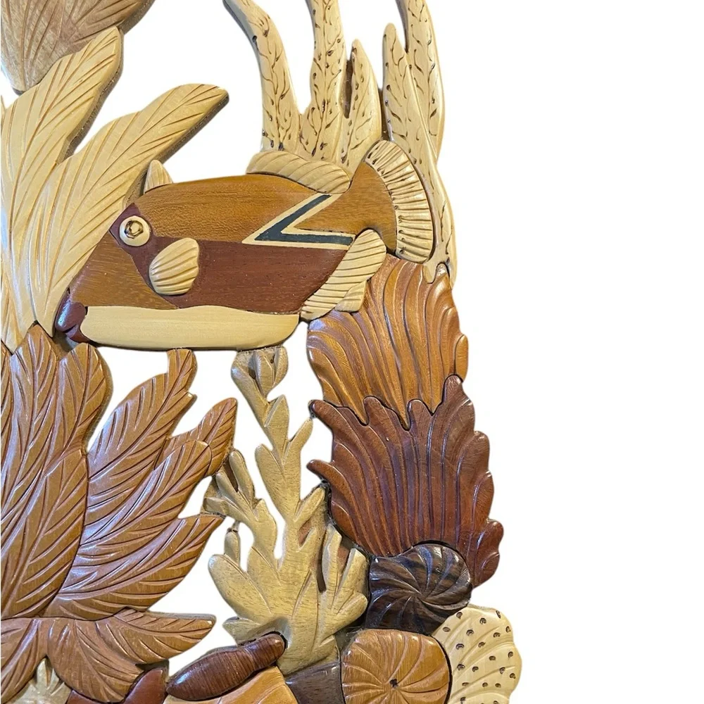 Vintage Fish Wood Carving Leaves Coral Art, Wall Decoration 100% Wood Handcrafte