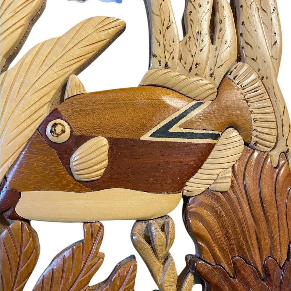 Vintage Fish Wood Carving Leaves Coral Art, Wall Decoration 100% Wood Handcrafte