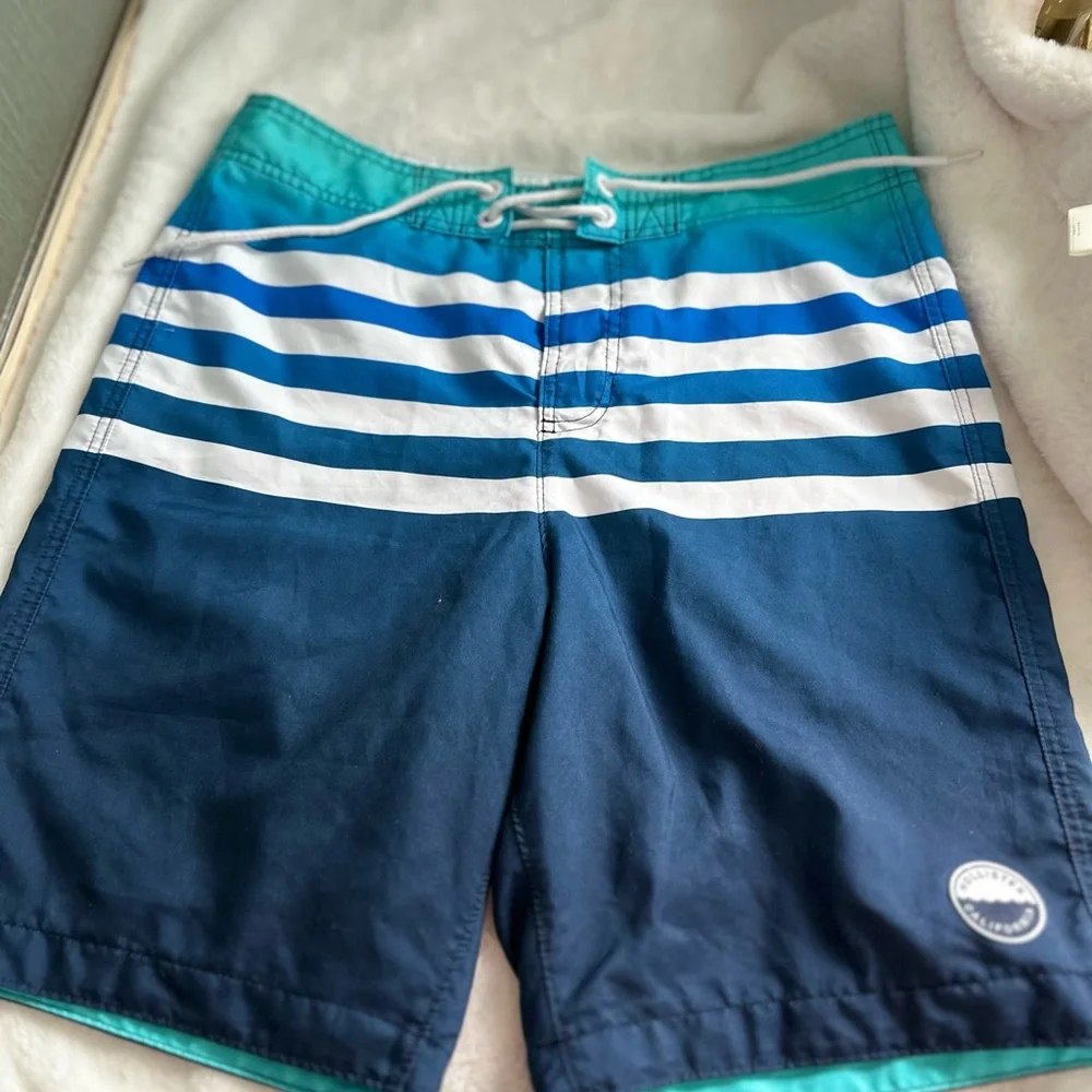Hollister Teal and Navy Striped Board Shorts