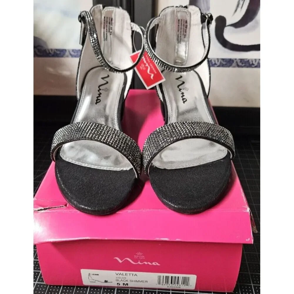 NINA Girl's Valetta Black Shimmer ankle strap sandals Big Kid 5M‎