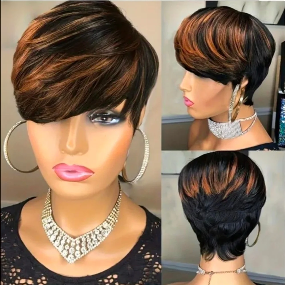 Women's Chic Short Straight Ombre Pixie Synthetic Wig with Bang Color:1B30