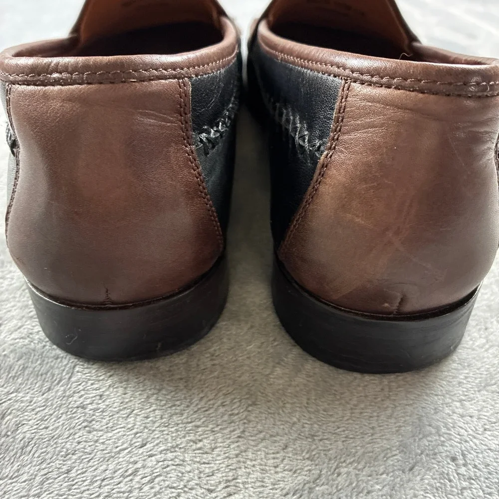 Domani Mens 11M Two Tone Brown Black Leather Tassel Kiltie Loafers India Preppy