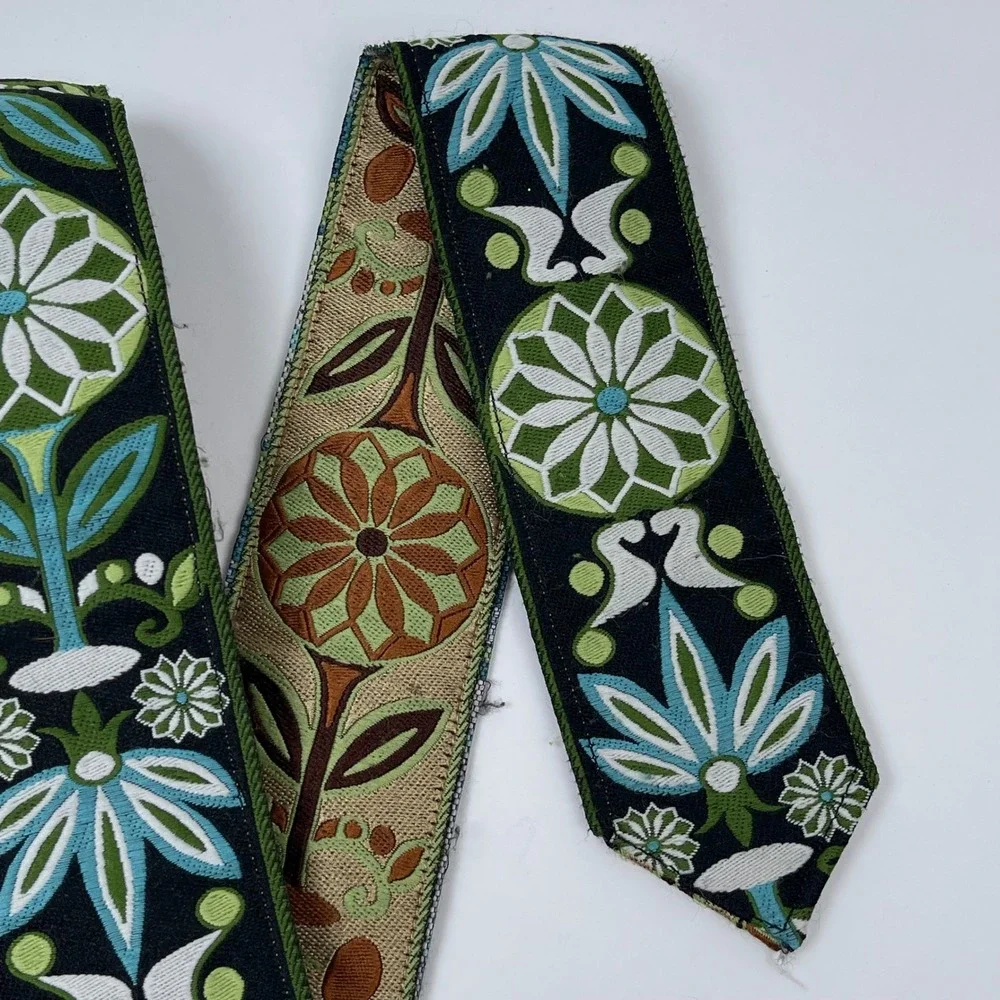 Vintage Floral Embroidered O-Ring Buckle Belt Womens Green Blue Boho Folk 70s