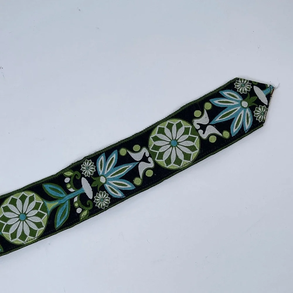 Vintage Floral Embroidered O-Ring Buckle Belt Womens Green Blue Boho Folk 70s