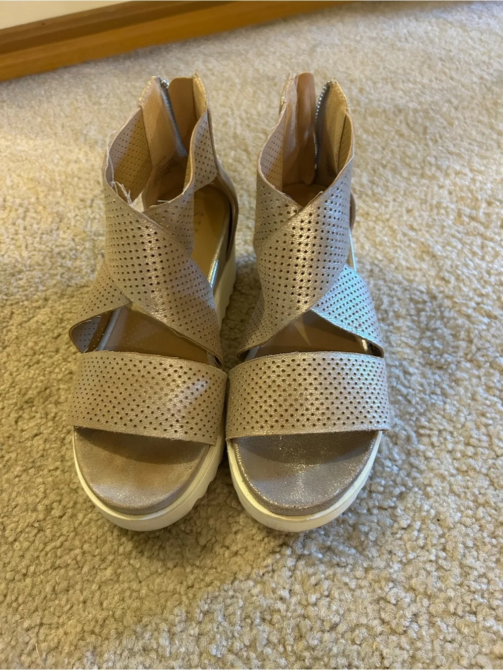 Women's Silver Perforated Crisscross Platform Sandals