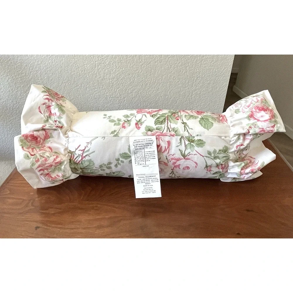 Vtg Laura Ashley Country Roses Pink Ruffled BOLSTER PILLOW Shabby Chic NEW