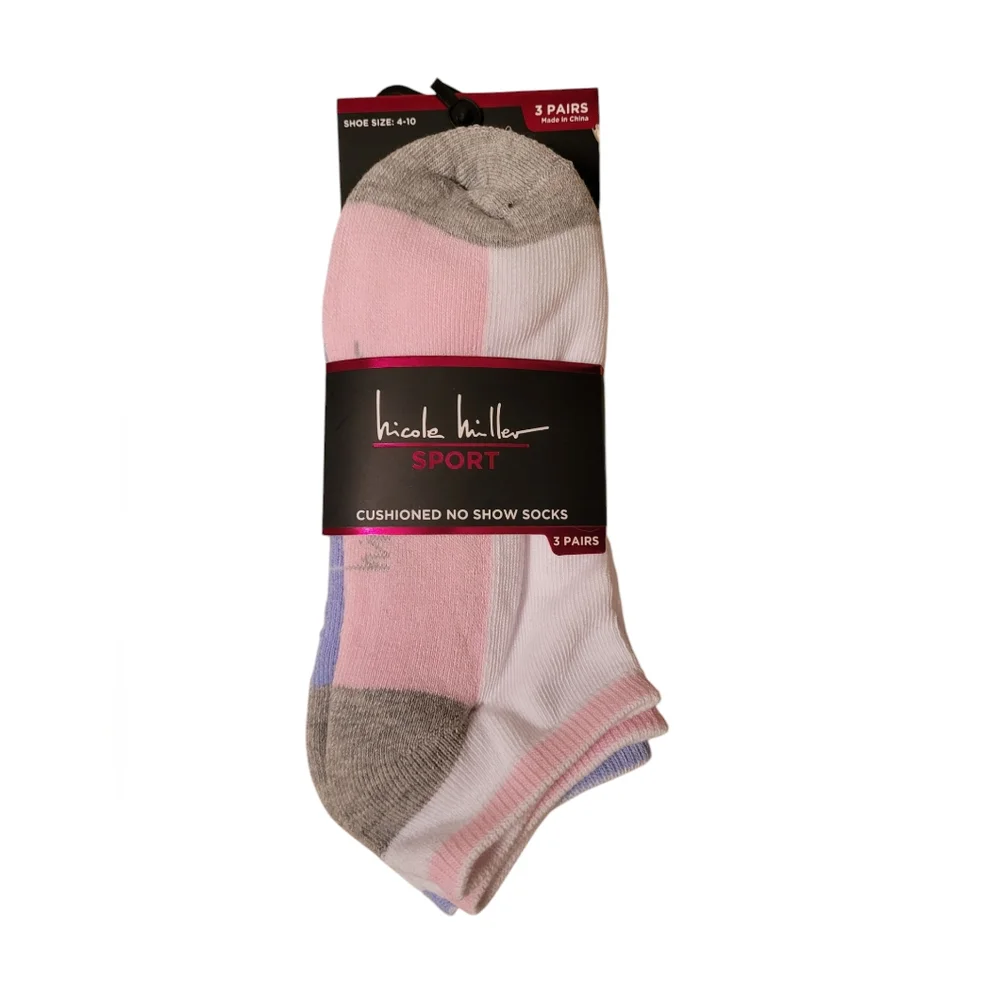 Nicole Miller No Show Socks Gray Purple Pink Black‎ Set of 3 NWT Size 4 - 10