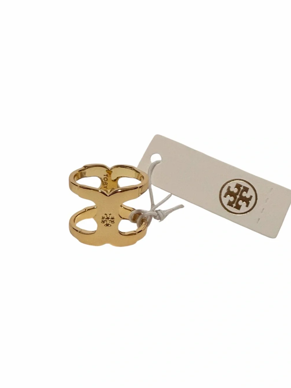 NWT Tory Burch Gemini Gold Logo Double-Loop Ring Size 8