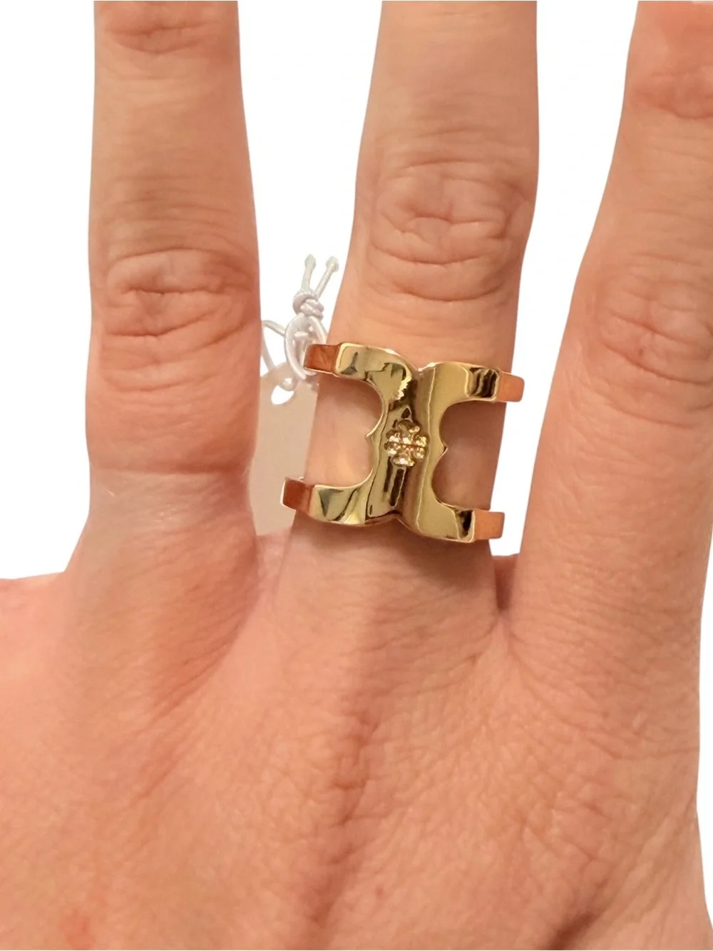 NWT Tory Burch Gemini Gold Logo Double-Loop Ring Size 8