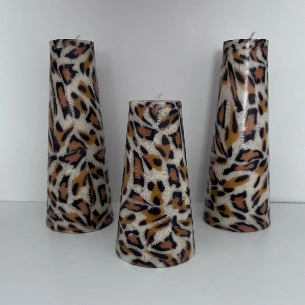3 UNSCENTED Animal Print Candles Leopard Print: cone shape