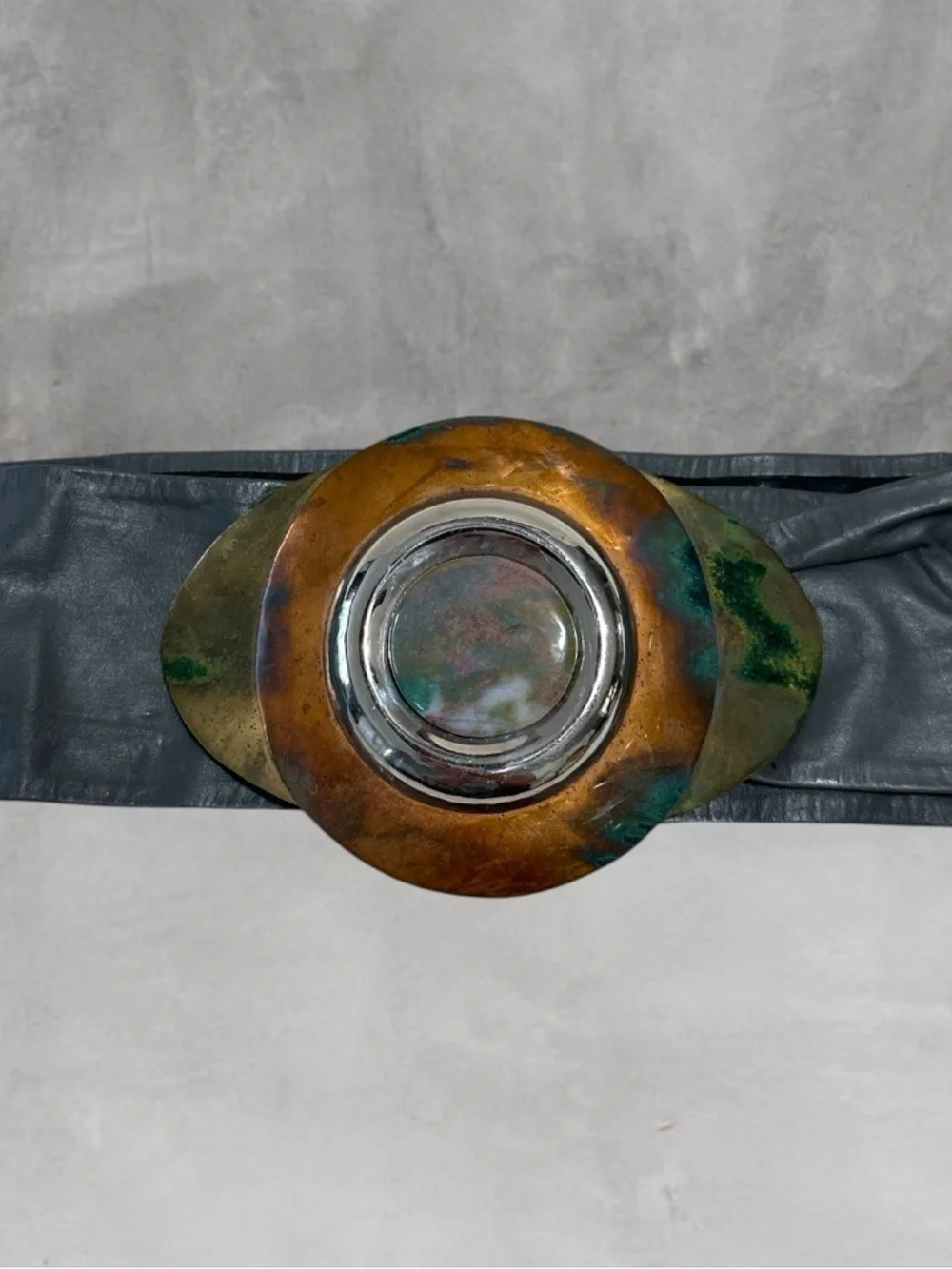 Vintage Artisan Copper Brass Silver Agate Buckle Gray Leather Belt