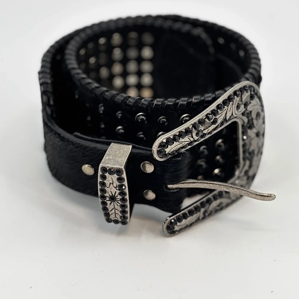 Western Leather Belt Womens S/M Black Hair on hide Rhinestone Studded Bling New
