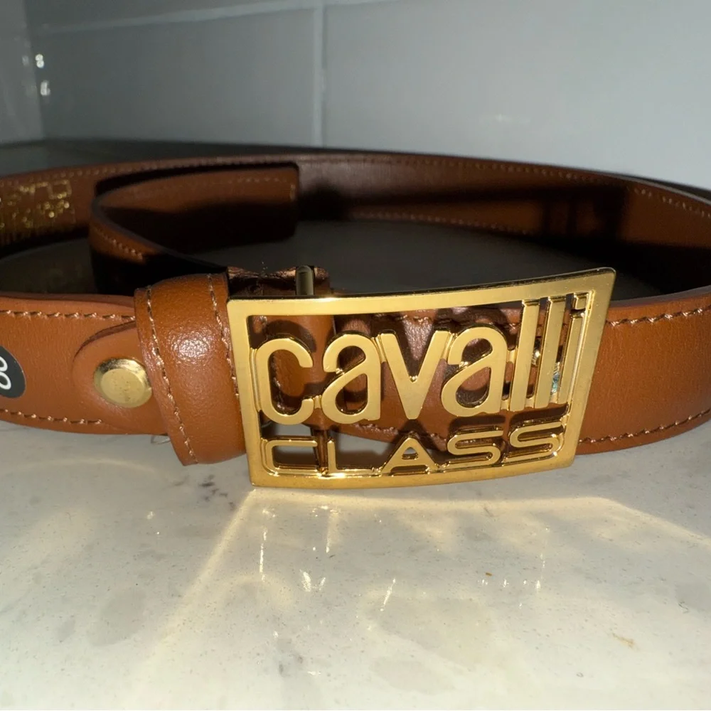 Cavalli Class Tan Leather Belt with Gold Logo Buckle
