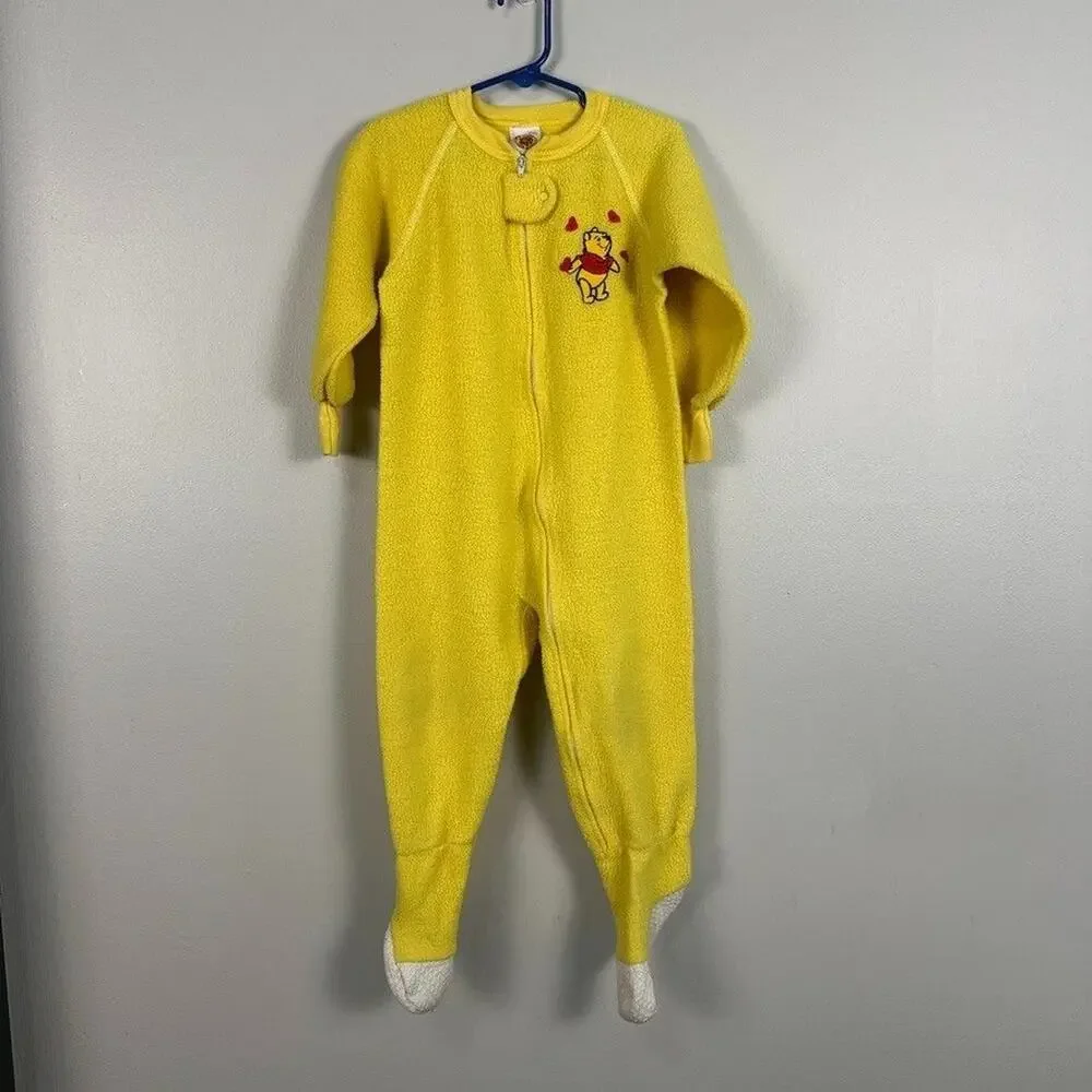 Vintage Winnie The Pooh Footed Sleeper Pajamas 4T Dinsey Fleece 90's Yellow