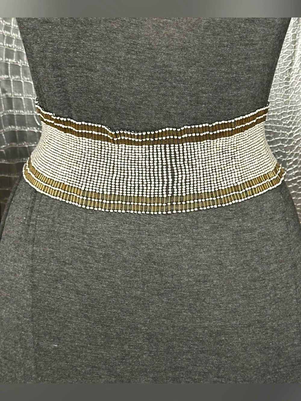 Beaded Waist Belt in White and Gold