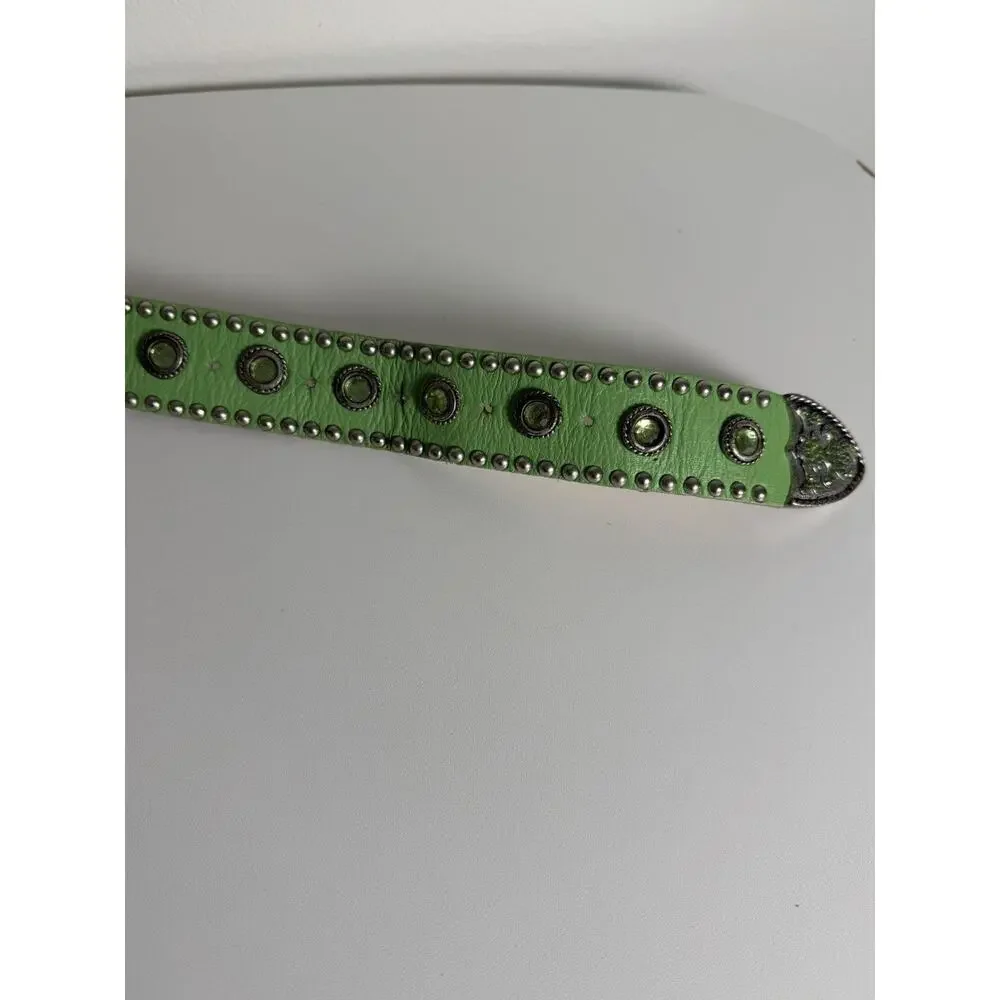 LEATHEROCK Belt Size 34 Leather Green Embellished Rhinestone Gems Studded 1594
