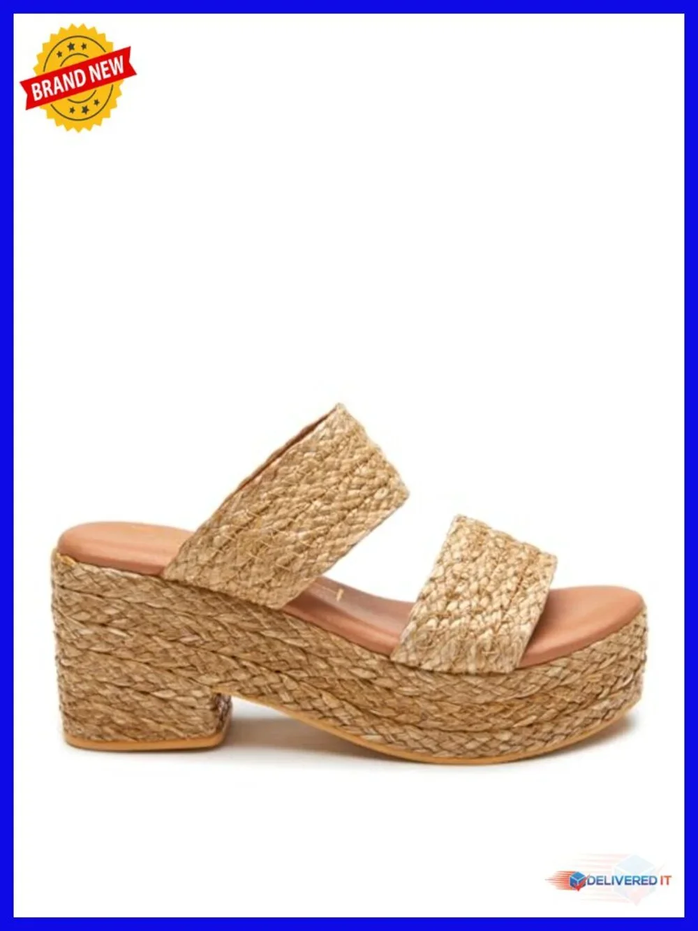Woven Raffia Platform Wedge Sandals - Slip On Block Heel