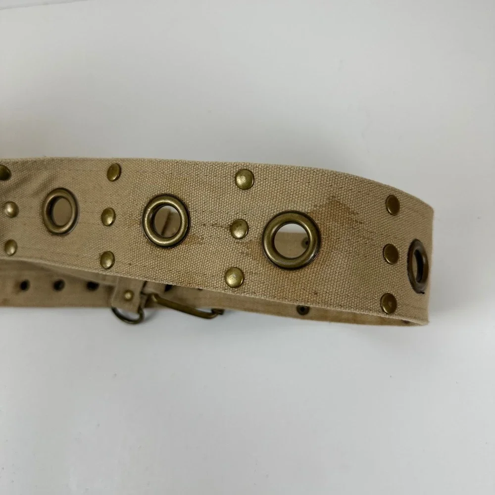 Vintage Military Style Tan Canvas Utility Belt with Pouch Grommet Studded Khaki