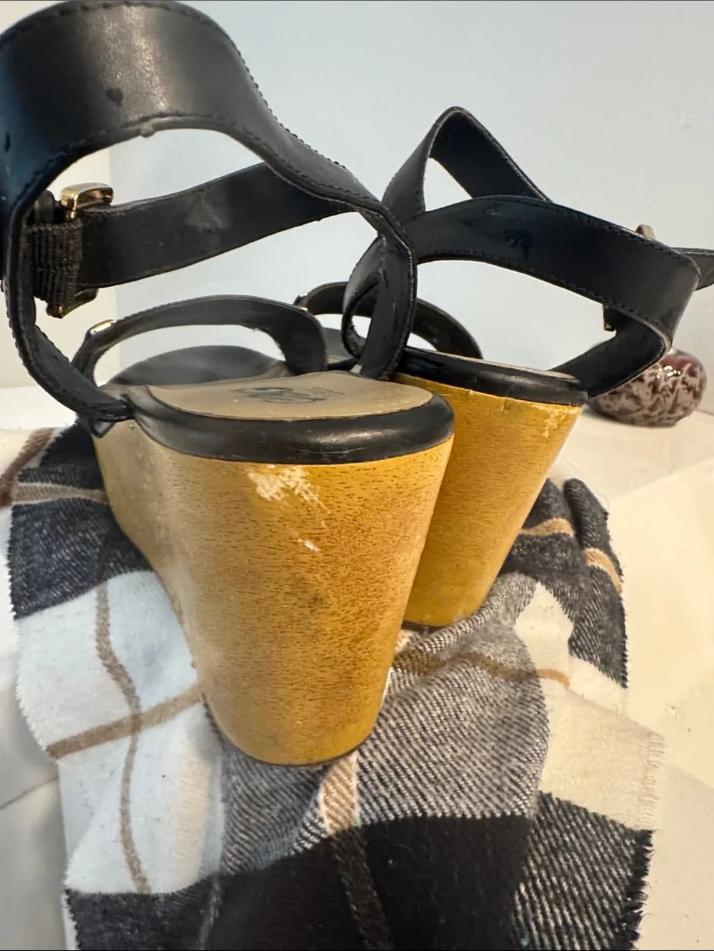 Guess Black Leather Wedge Sandals with Gold Accent