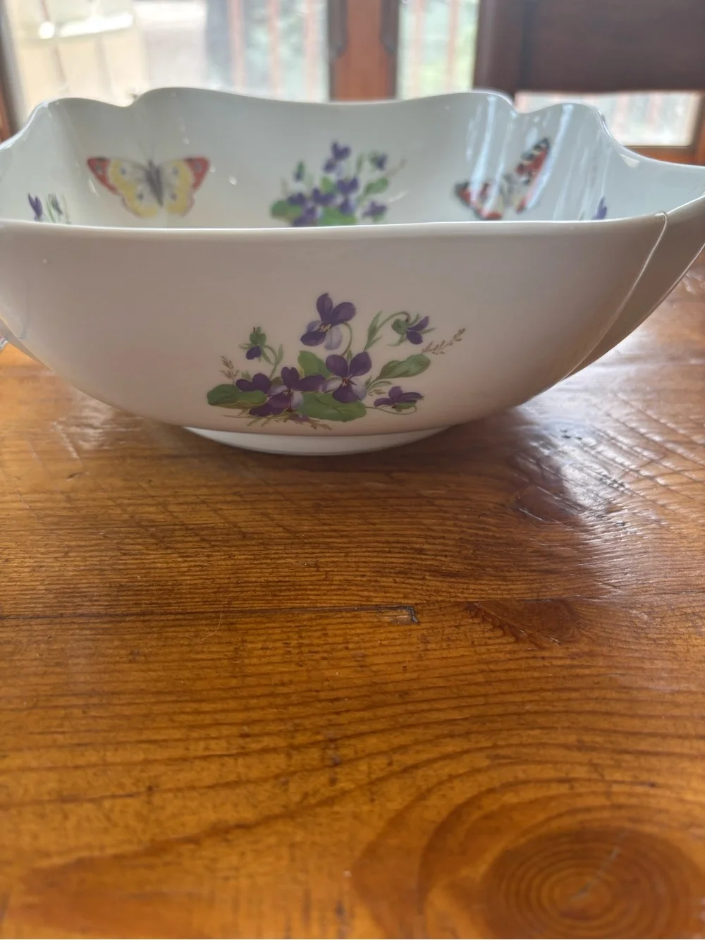 Limoges France Vintage Porcelain Violets and Butterflies Square Scalloped Bowl