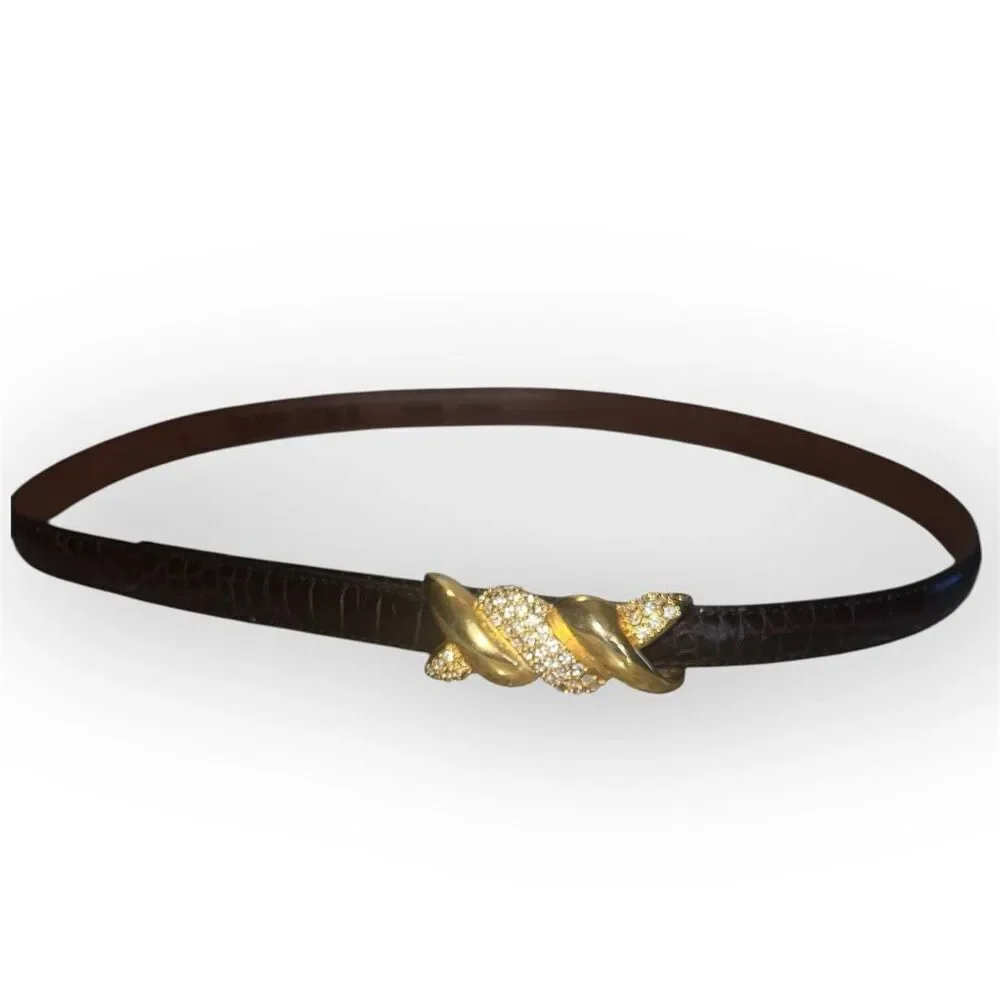 Terry Stack Vintage Brown Leather Belt Gold Rhinestone Accent Bead Women’s Small