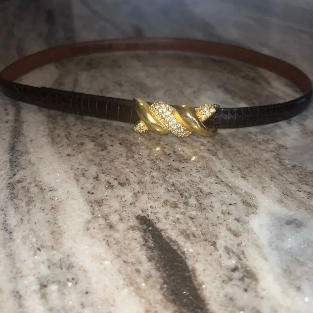 Terry Stack Vintage Brown Leather Belt Gold Rhinestone Accent Bead Women’s Small