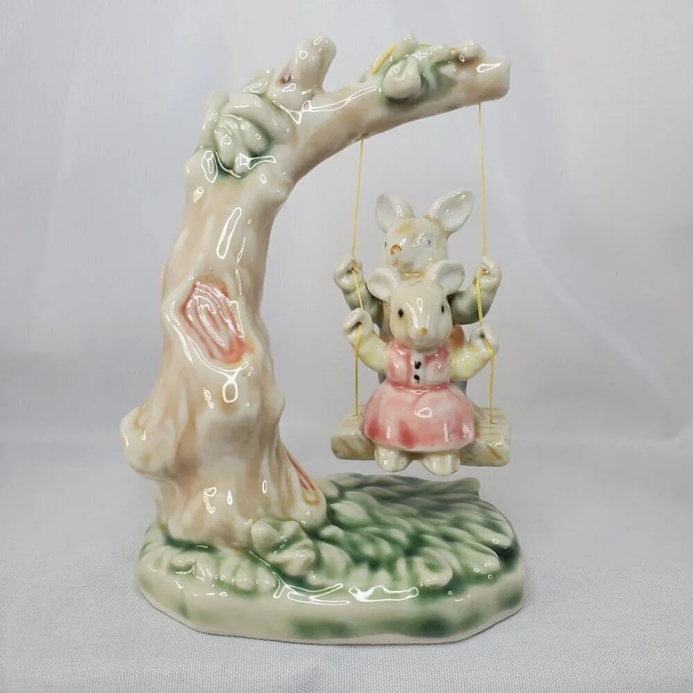 Tales of Bunny Hollow Ceramic Young Bunnies Tree Swing VTG 1993 Albert E Price