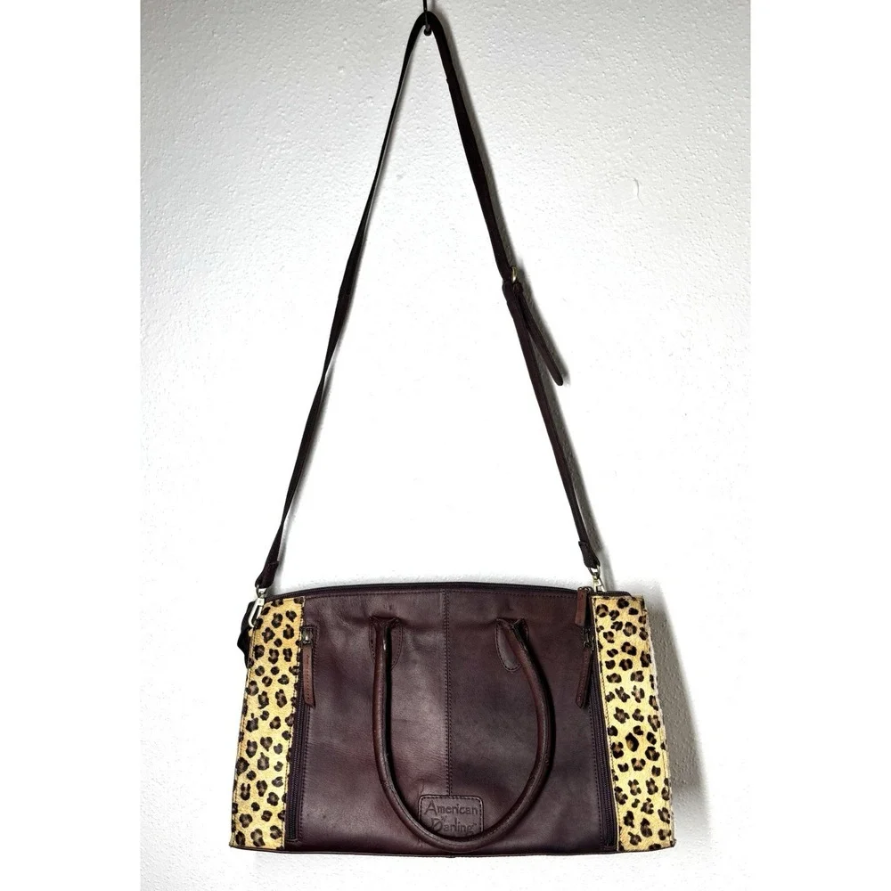 AD American Darling Duffel Satchel Leopard Calfskin Leather Bag Hand Tooled EUC