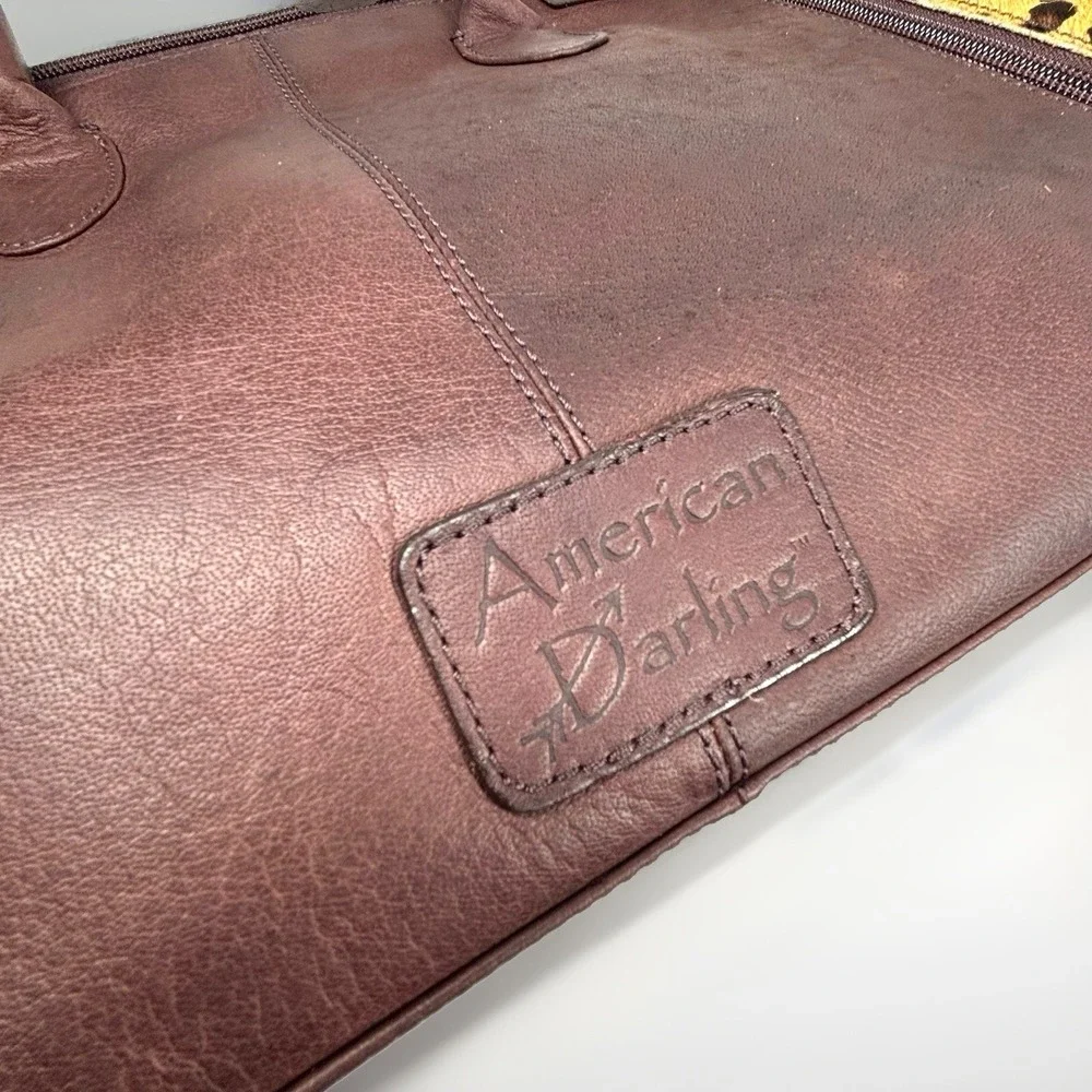 AD American Darling Duffel Satchel Leopard Calfskin Leather Bag Hand Tooled EUC