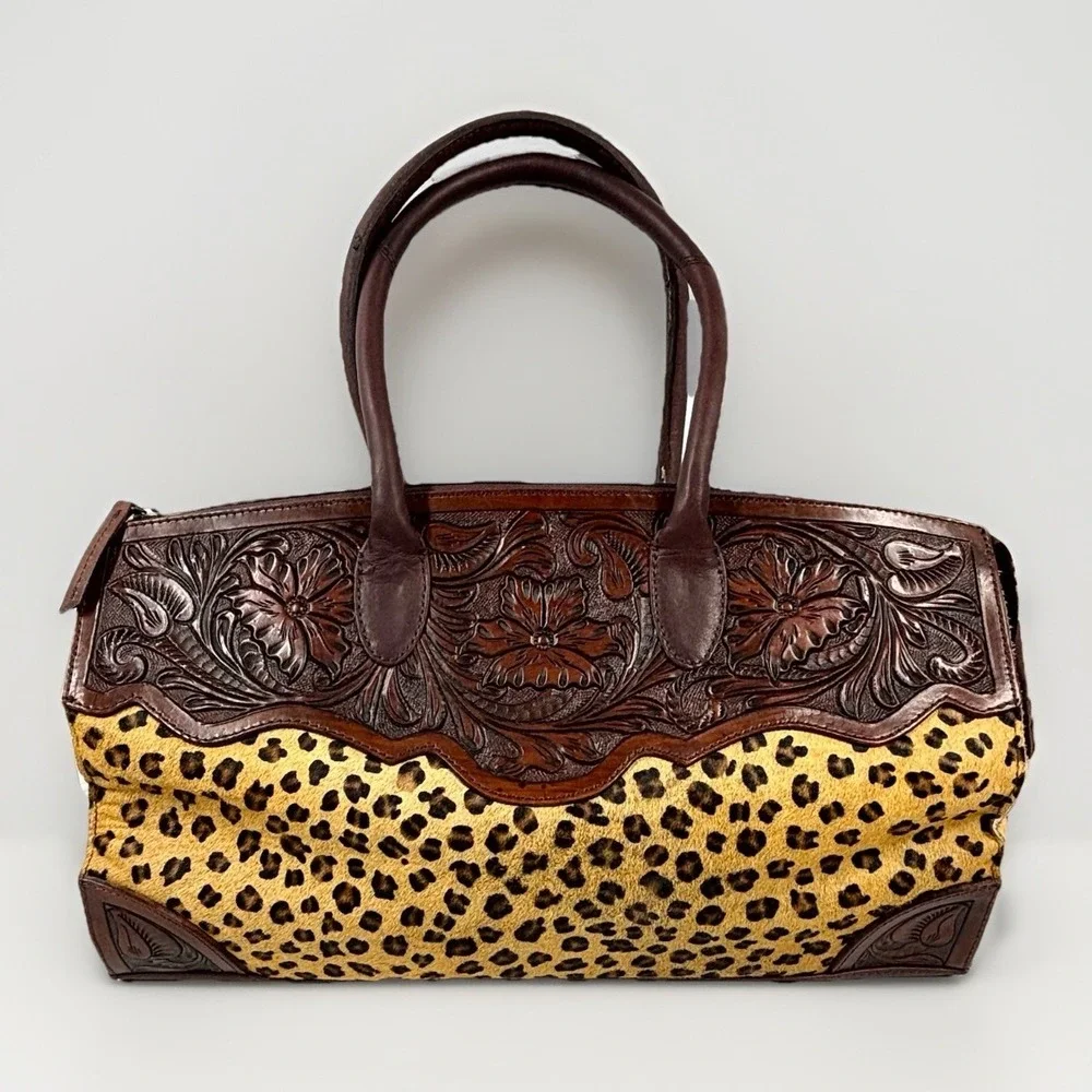 AD American Darling Duffel Satchel Leopard Calfskin Leather Bag Hand Tooled EUC