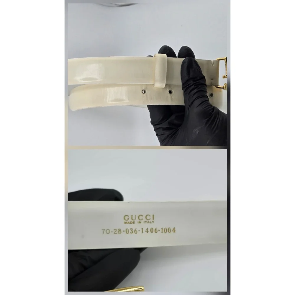 Gucci White Patent Leather G Logo Buckle Belt Gold Tone Vintage 70 28 036-1406