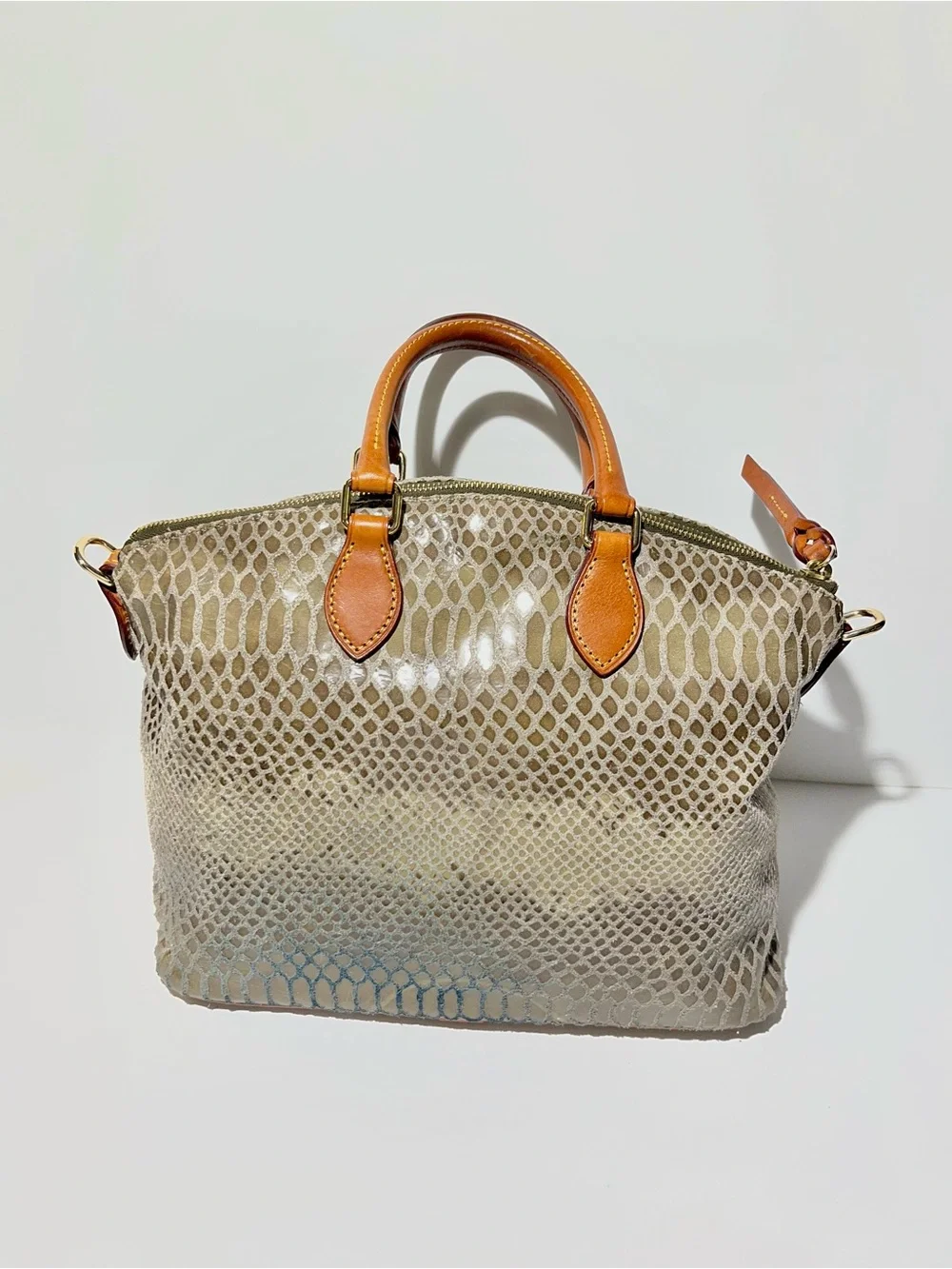 😍 Dooney & Bourke Taupe Snake-Print Satchel with Tan Handles