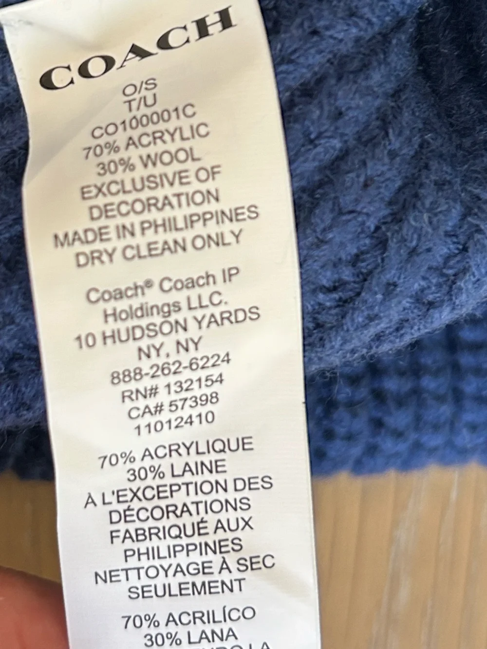 Coach Women's Patch Beanie, True Blue, one size NWT