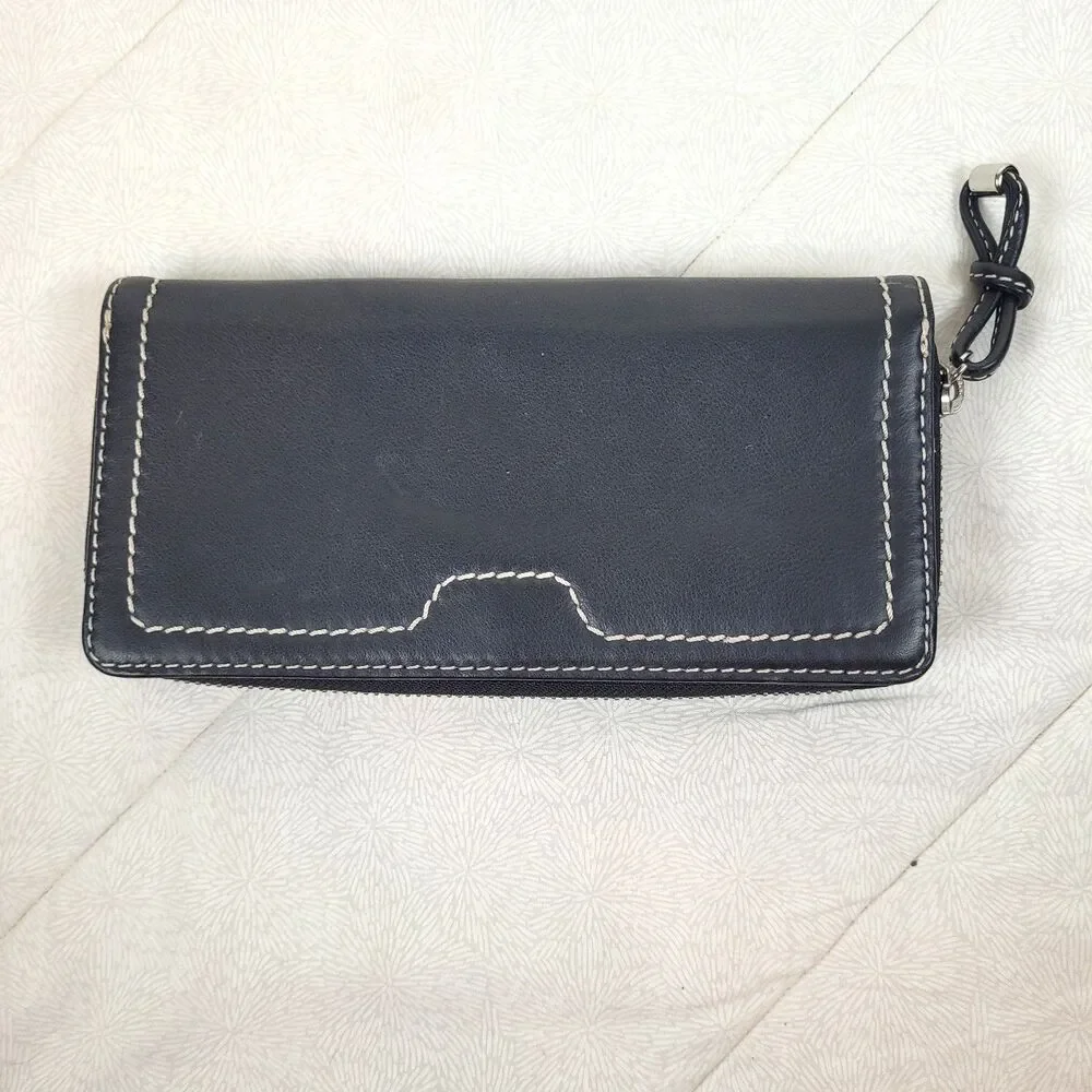 Womens black zip wallet leather multi compartments silver accent white stitching