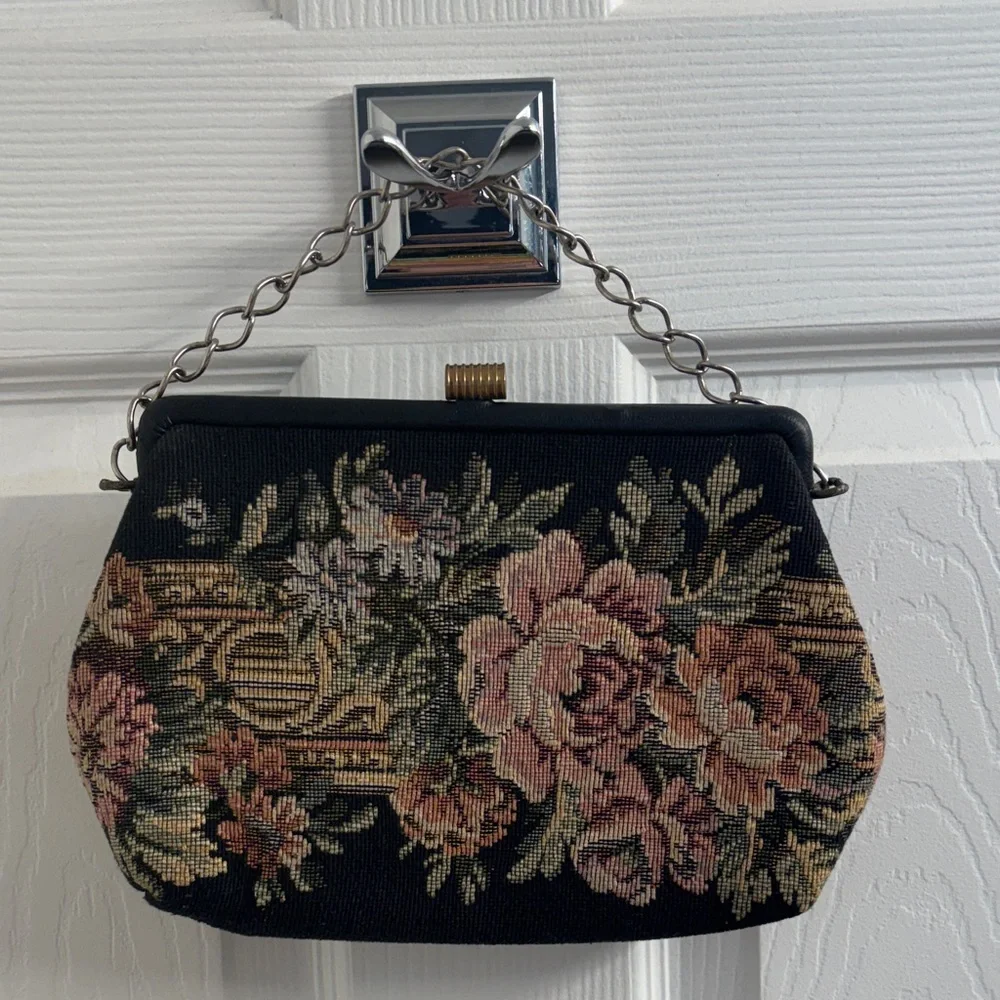 Vintage Needlepoint Floral Tapestry Evening Bag - Black and Pink w/gold hardware